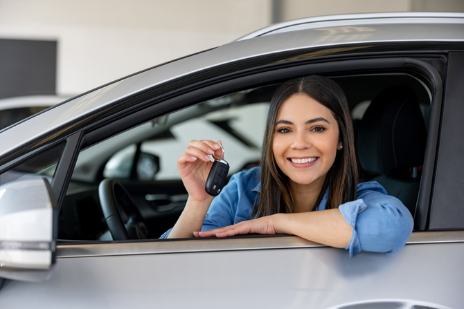 lady in new car